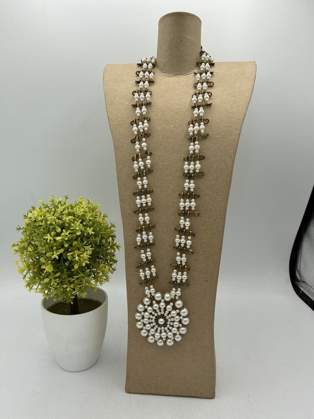 Vintage Faux Pearl Safety Pin Statement Necklace Cluster Medallion Pendant 24"